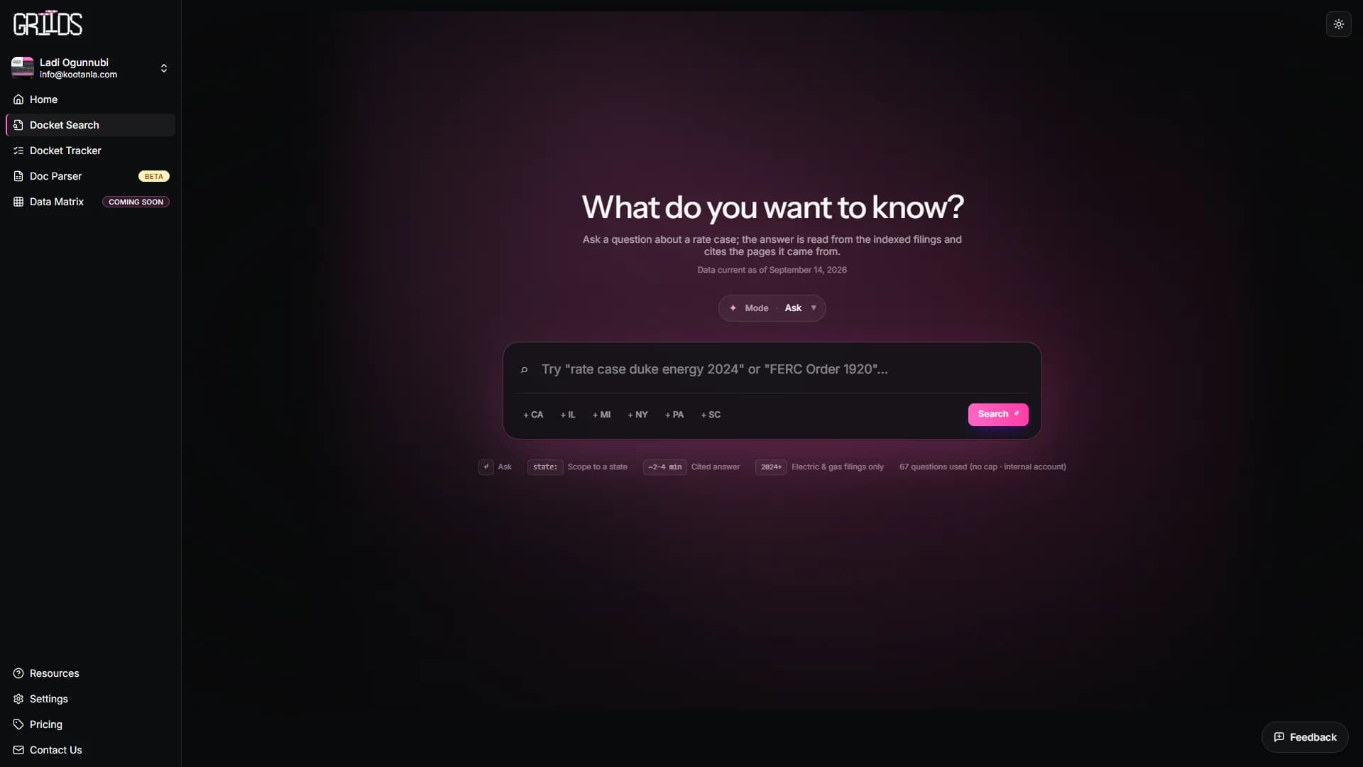 GRIIDS Docket Search in Ask mode, asking what you want to know about a rate case